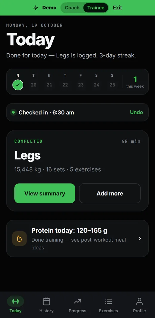 IronCrew trainee app on a phone showing today's completed leg workout