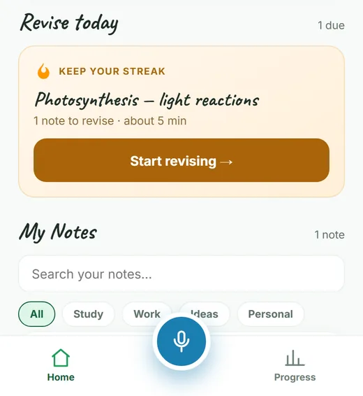 NotRec app showing a revision streak card and the notes library