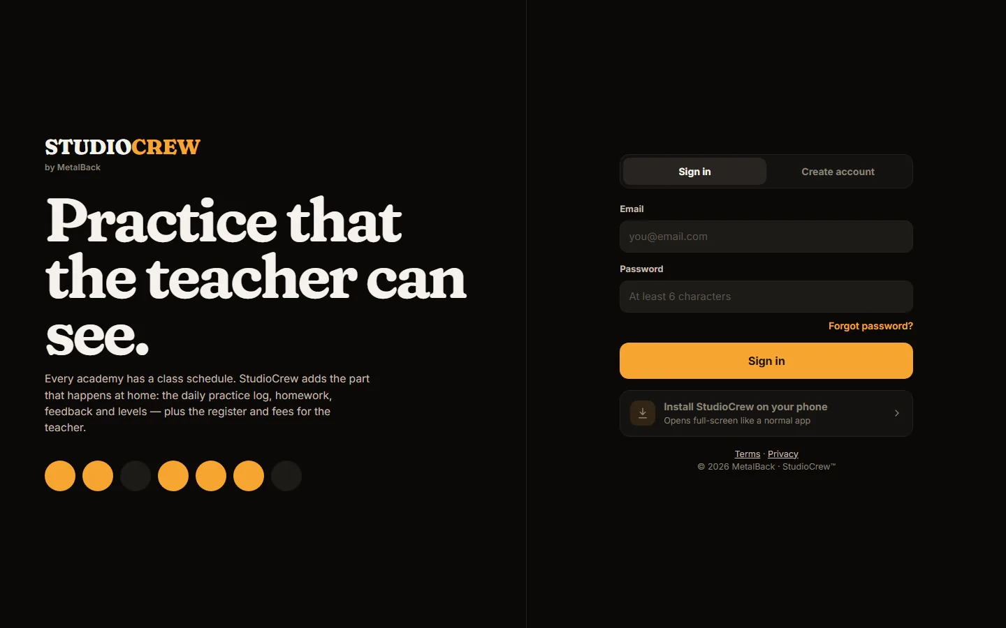 StudioCrew sign-in screen with the headline: Practice that the teacher can see