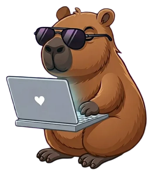 Capybara Builds mascot: a capybara in sunglasses typing on a laptop